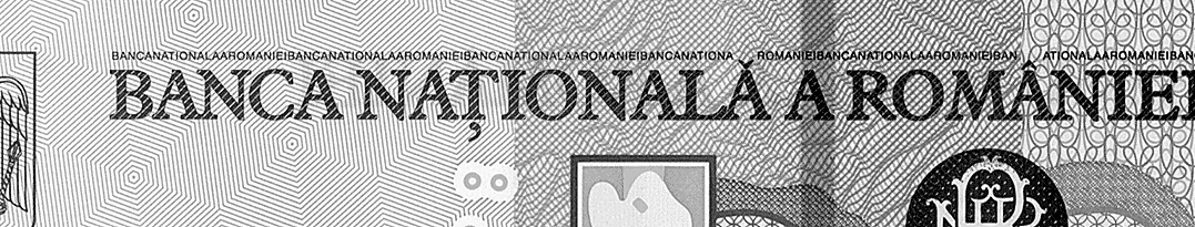 Fragment mărit al inscripției NAȚIONALĂ de pe bancnota de 10 lei, cu semnul ascuțit deasupra literei Ă